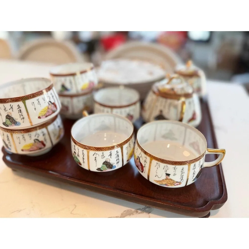 Antique Vintage Japanese KUTANI 100 Poets‎ Porcelain Tea Set Gold Gilt